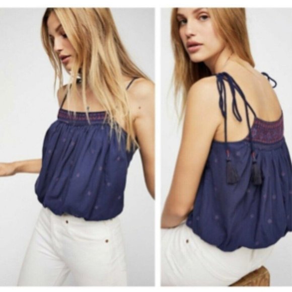 New FREE PEOPLE $78 Navy Blue Eternal Love Embroidered Tassel Tank Size Medium - Picture 2 of 8